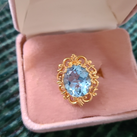 Vintage Victoria Wieck\'s Rose Gold Vermeille & Blue Topaz Gemstone Ring.